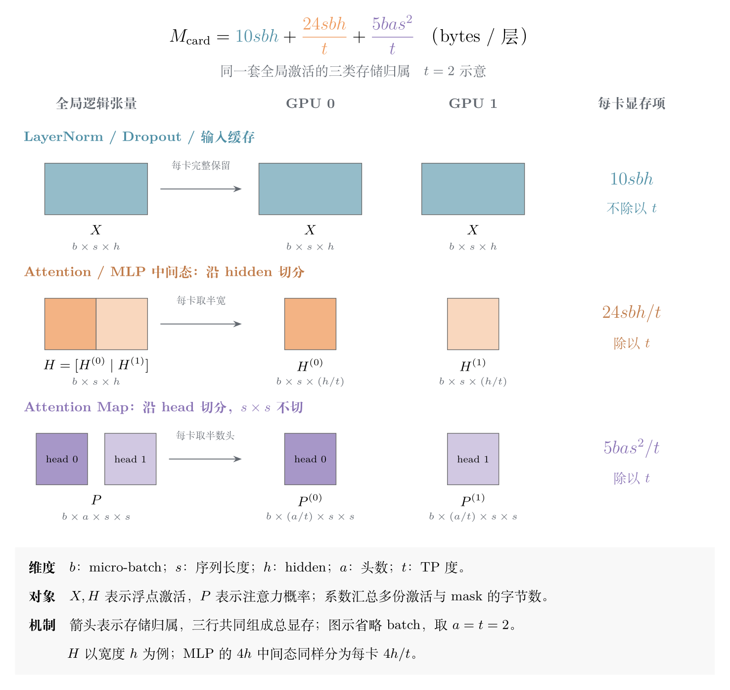 TP 激活显存的三项：完整激活每卡重复保存，hidden 中间态按宽度分片，Attention Map 按 head 分片