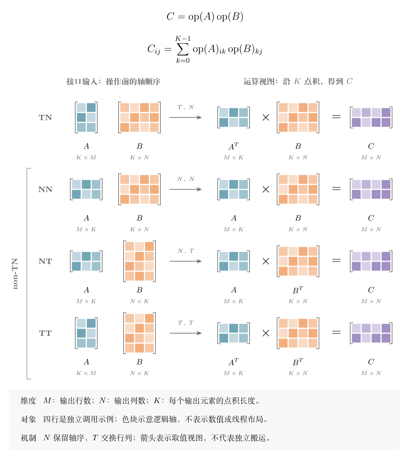 TN、NN、NT、TT 的输入轴顺序与统一 GEMM 计算形状