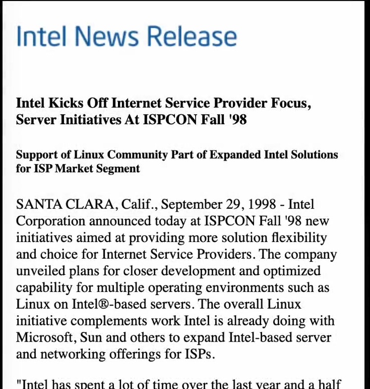 Intel 关于 Linux 支持的新闻稿