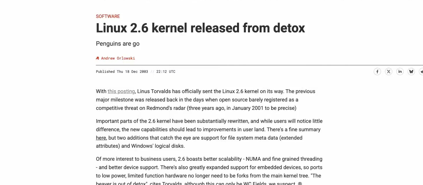 The Register 报道 Linux 2.6 发布